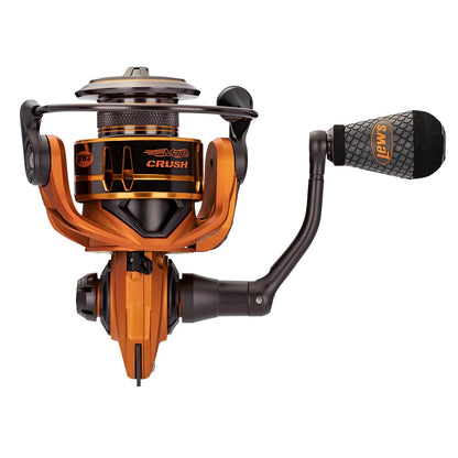A Lew's Mach Crush Spinning Series Reel (MCR400A) in orange and black, featuring a 6.2:1 gear ratio and textured handle grip, is displayed against a white background.