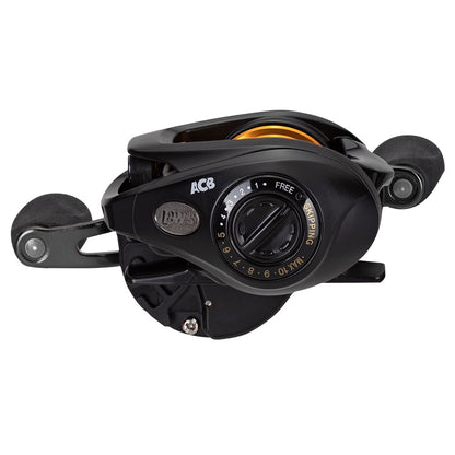 The Lew's Pro SP SLP Series Casting Reel 8.3:1 (PSP1XH) features a black body with gold spool, QuietCast ACB system, numbered adjustment dial, and dual handles—ideal for skipping and pitching. "ACB" and Lew's branding are visible on the side.