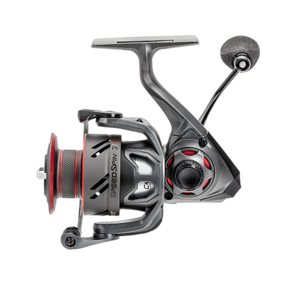 Introducing the Lew's Speed Spin CRX Spinning Reel 6.2:1 | SSC400HS, a striking addition to any angler's collection with its metallic gray and black body, bold red highlights, prominent handle, and visibly branded spool.
