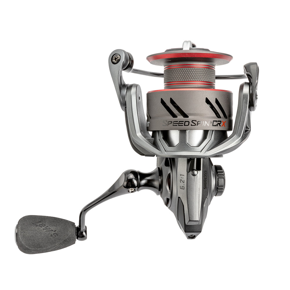 The Lew's Speed Spin CRX Spinning Reel 6.2:1 | SSC400HS by Lew's is a silver and black reel with a red-accented spool, offering a sleek, modern design and an ergonomic handle for effortless fishing.