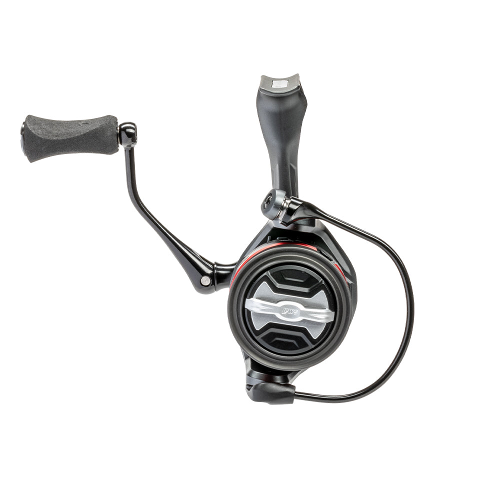 The Lew's Speed Spin CRX Spinning Reel 6.2:1 | SSC400HS boasts a black finish, ergonomic grip, sleek handle, and a prominent center logo with stylish red accents against a white backdrop, highlighting its design and components beautifully.