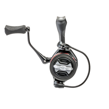 The Lew's Speed Spin CRX Spinning Reel 6.2:1 | SSC400HS boasts a black finish, ergonomic grip, sleek handle, and a prominent center logo with stylish red accents against a white backdrop, highlighting its design and components beautifully.