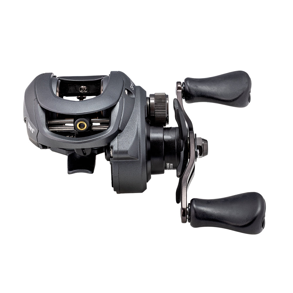 A close-up of the Lew's Speed Spool Gen 3 Casting Reel 7.5:1 LH (SS1SHLG3) shows its dual handles and magnetic control system, highlighted from the side against a white background.