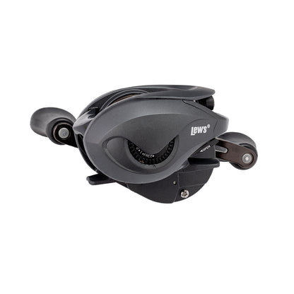 A Lew's Speed Spool Gen 3 Casting Reel 7.5:1 LH (SS1SHLG3) in black, featuring a curved ergonomic body, dual handle grips, and visible Magnetic Control System adjustment dial, isolated on white background.