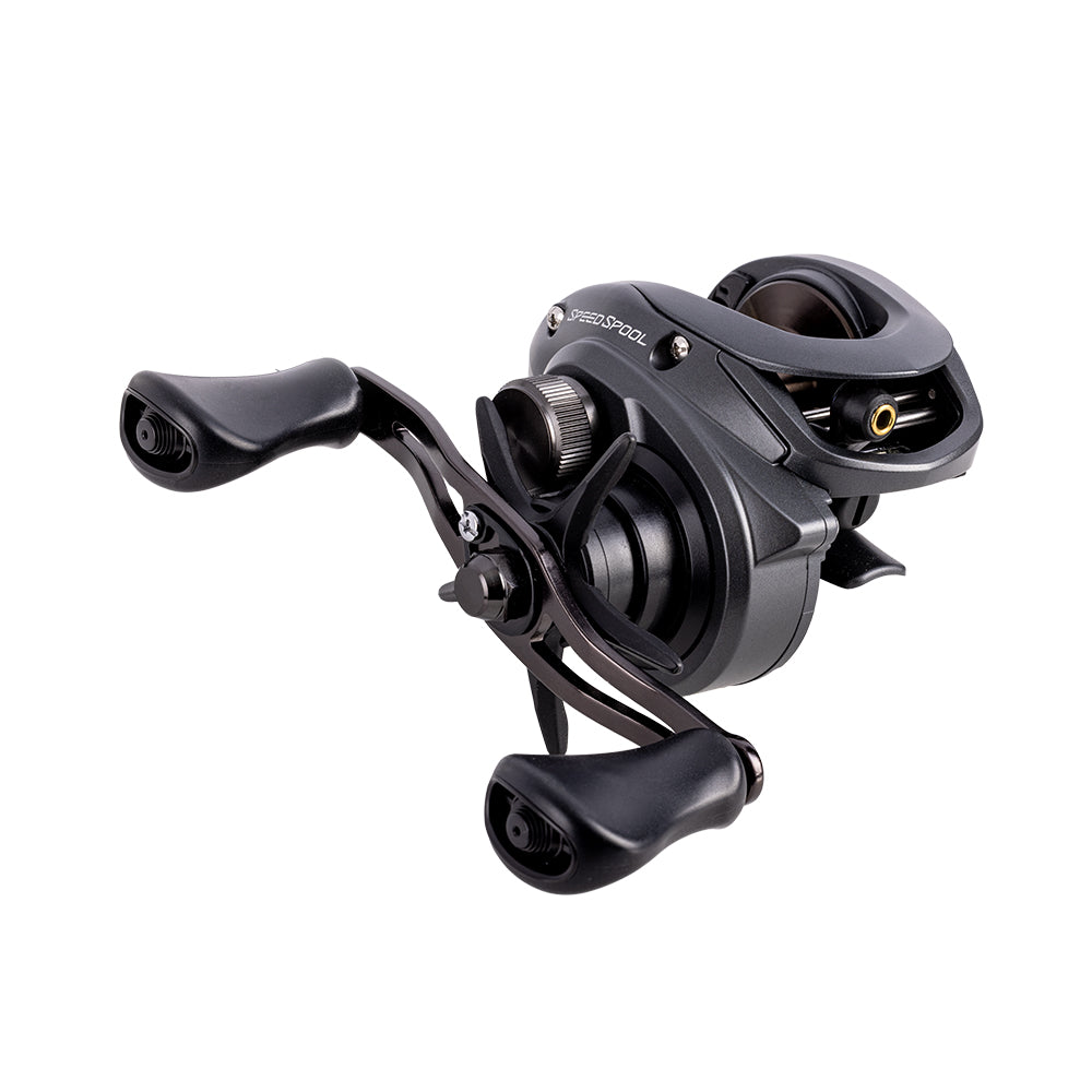 The Lew's Speed Spool Gen 3 Casting Reel 5.6:1 RH (SS1SG3) in black features dual handles and an ergonomic design, displayed against a white background.