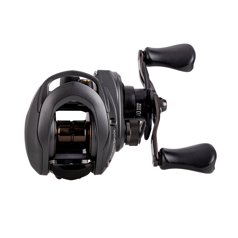 A Lew's Speed Spool Gen 3 Casting Reel 5.6:1 RH (SS1SG3) in sleek black, featuring two ergonomic handles and an exposed spool, seen from a slight angle on a white background.