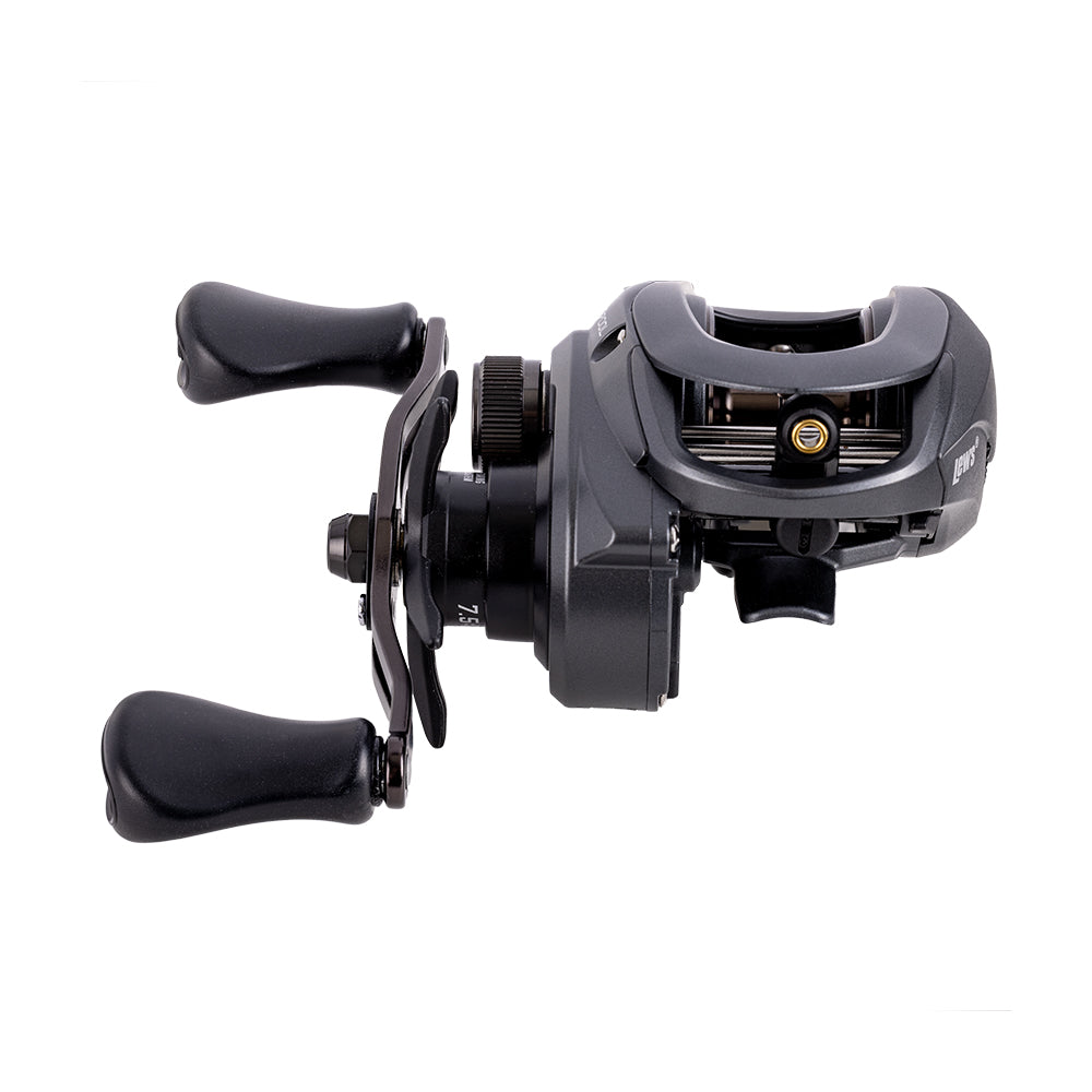 A Lew's Speed Spool Gen 3 Casting Reel 6.8:1 RH (SS1HG3) is shown from a side angle on a white background, featuring two ergonomic handles, a large spool, and adjustment dials.
