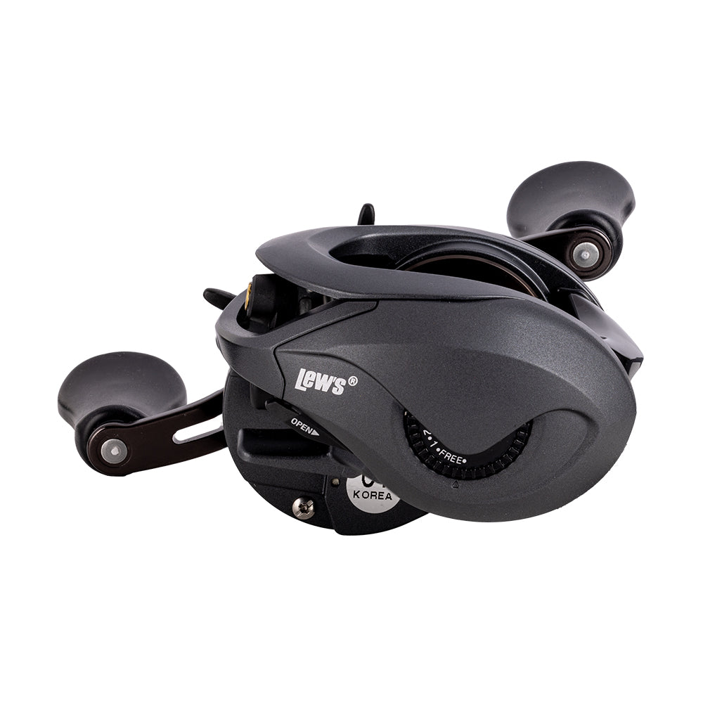 A Lew's Speed Spool Gen 3 Casting Reel 6.8:1 RH (SS1HG3) in black, featuring a compact build and dual crank handles, is displayed on a white background.