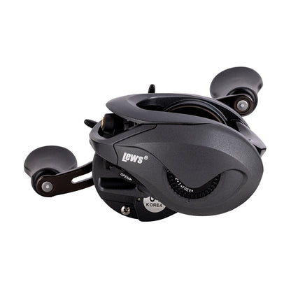 A Lew's Speed Spool Gen 3 Casting Reel 6.8:1 RH (SS1HG3) in black, featuring a compact build and dual crank handles, is displayed on a white background.