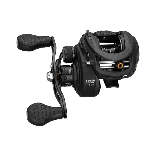 The Lew's Super Duty Gen 2 Casting Reel 6.8:1 Right Hand (SD1HF) features two textured handles, metal parts, “Speed Spool LFS” branding, an 11 Bearing System, and Carbon Fiber Drag System. Shown in black on a white background.