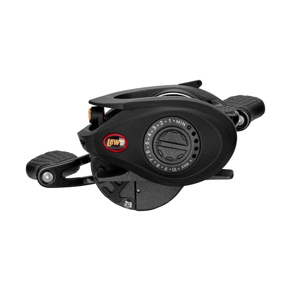 The Lew's Super Duty Gen 2 Casting Reel 6.8:1 Right Hand (SD1HF) features a textured handle, adjustment dial, 11-bearing system, Carbon Fiber Drag System, and displays the Lew's logo on the side.