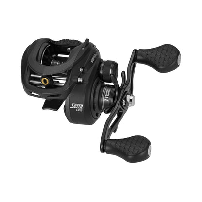 The Lew's Super Duty Gen 2 Casting Reel 8.3:1 Left Hand (SD1XHLF) is a black, compact reel with dual grip handles and a streamlined design by Lew's, displayed on a white background.