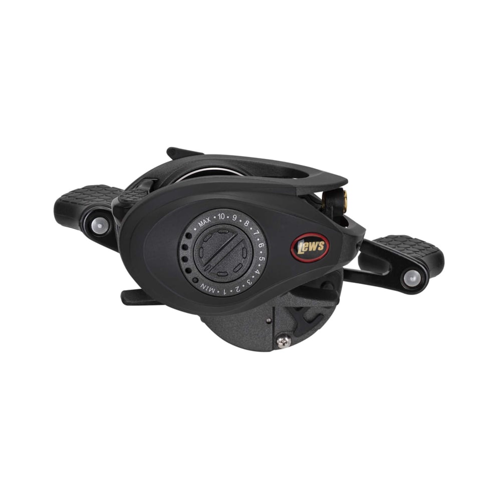 A Lew's Super Duty Gen 2 Casting Reel 8.3:1 Left Hand (SD1XHLF) by Lew's, in black, features textured handle grips, a round drag knob, and a compact ergonomic design, shown side view on a white background.