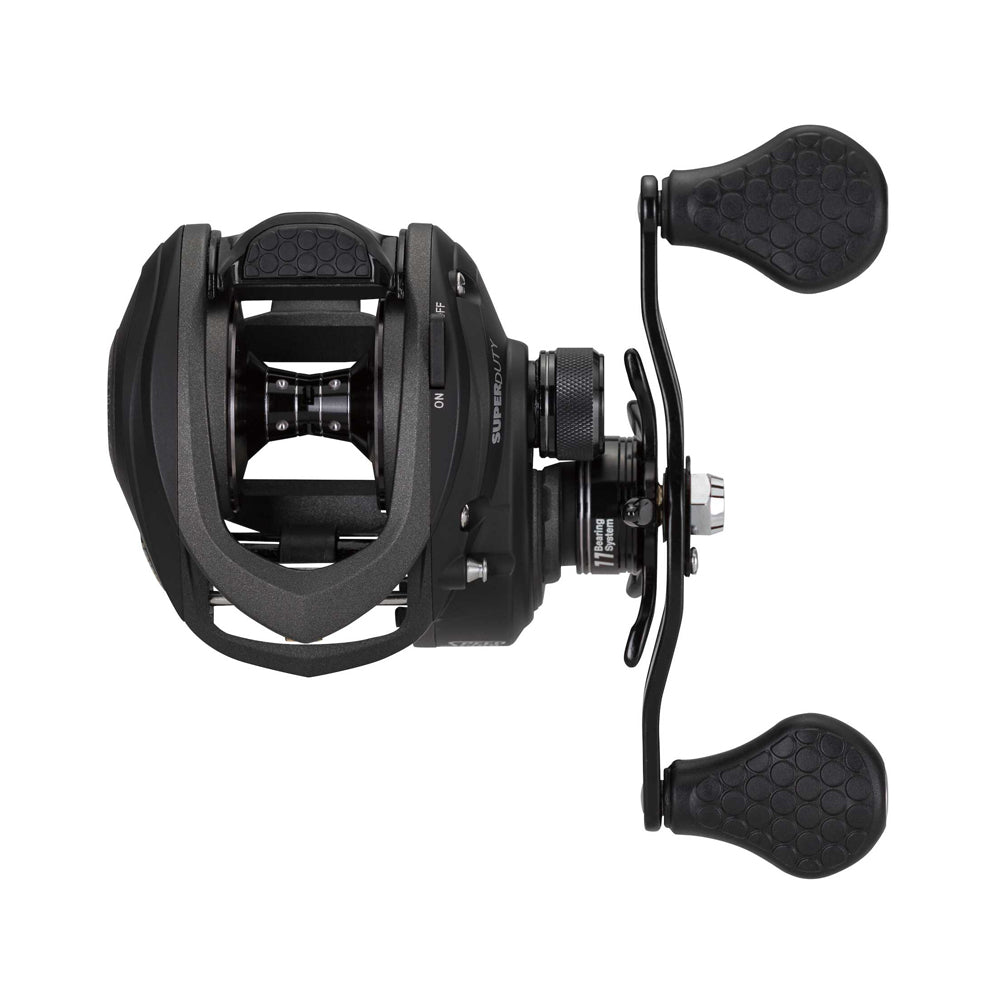 Top view of a Lew's Super Duty Gen 2 Casting Reel 8.3:1 Left Hand (SD1XHLF), black with two textured handles, central spool, and side adjustment knobs, by Lew's—isolated on a white background.