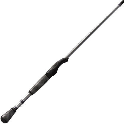 A close-up of the Lew's Team Lew's Signature Series Spinning Rod 6'10" Medium (TLS610MXFS) featuring FOCAS Blank technology, a textured black and gray handle, and a silver shaft, shown against a white background.