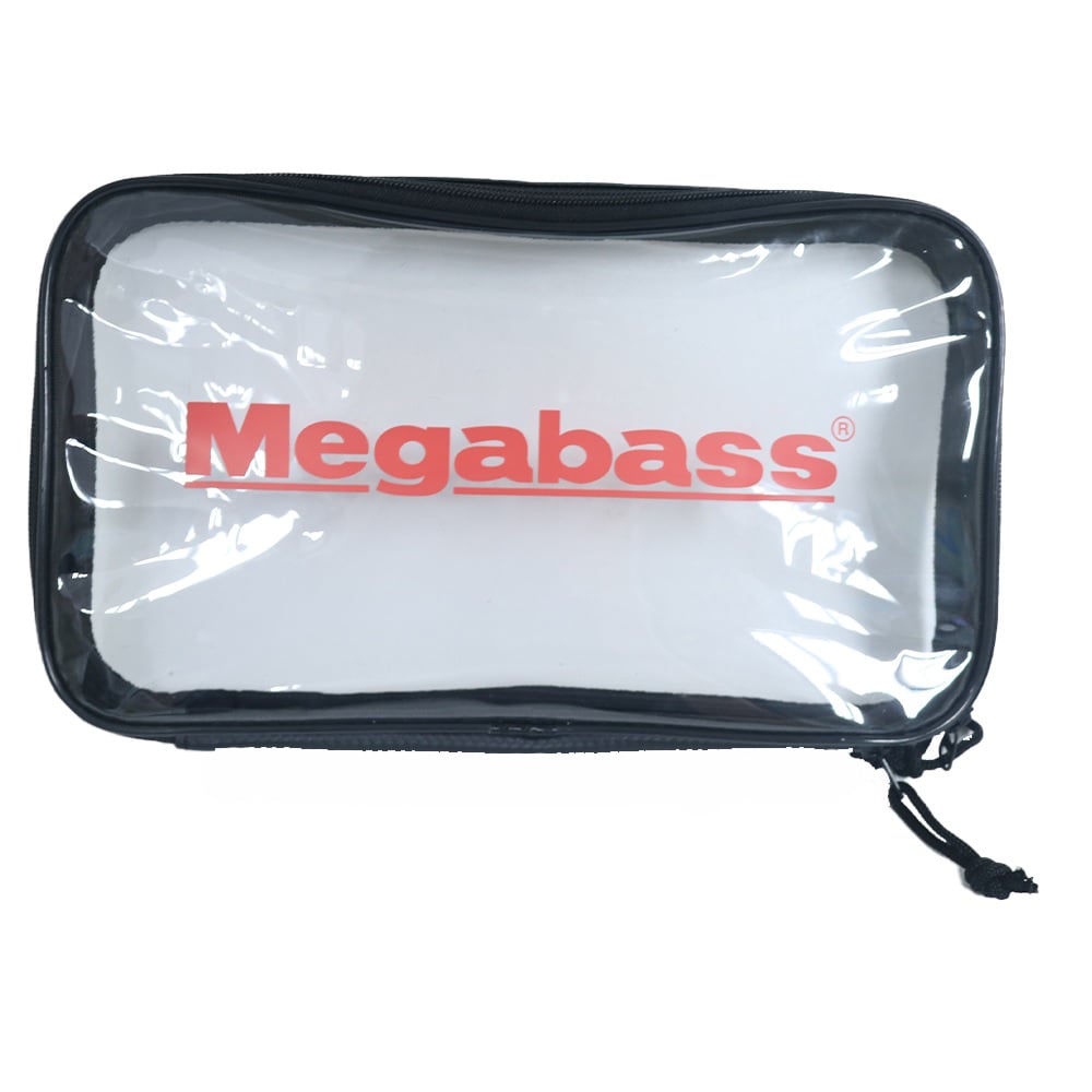The Megabass Clear Pouch is ideal for organizing small items or tackle, featuring a clear design with a black border and bold red Megabass lettering.