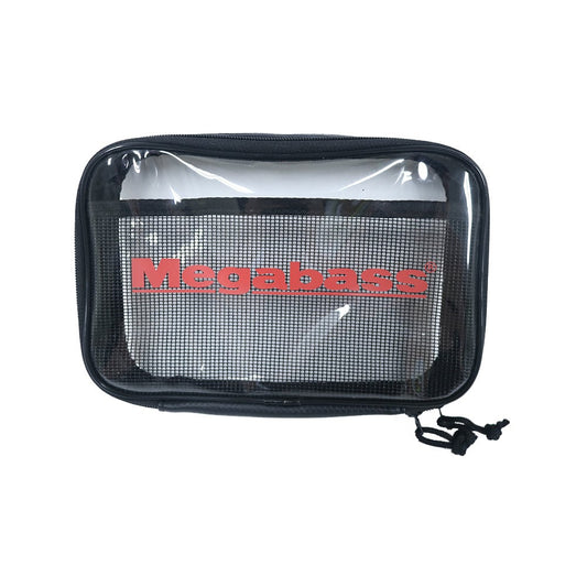 The Megabass Clear Pouch features a transparent front, mesh pocket, and red Megabass logo. Ideal for organizing small items or tackle, it comes in black with a zipper and string pull for easy access.