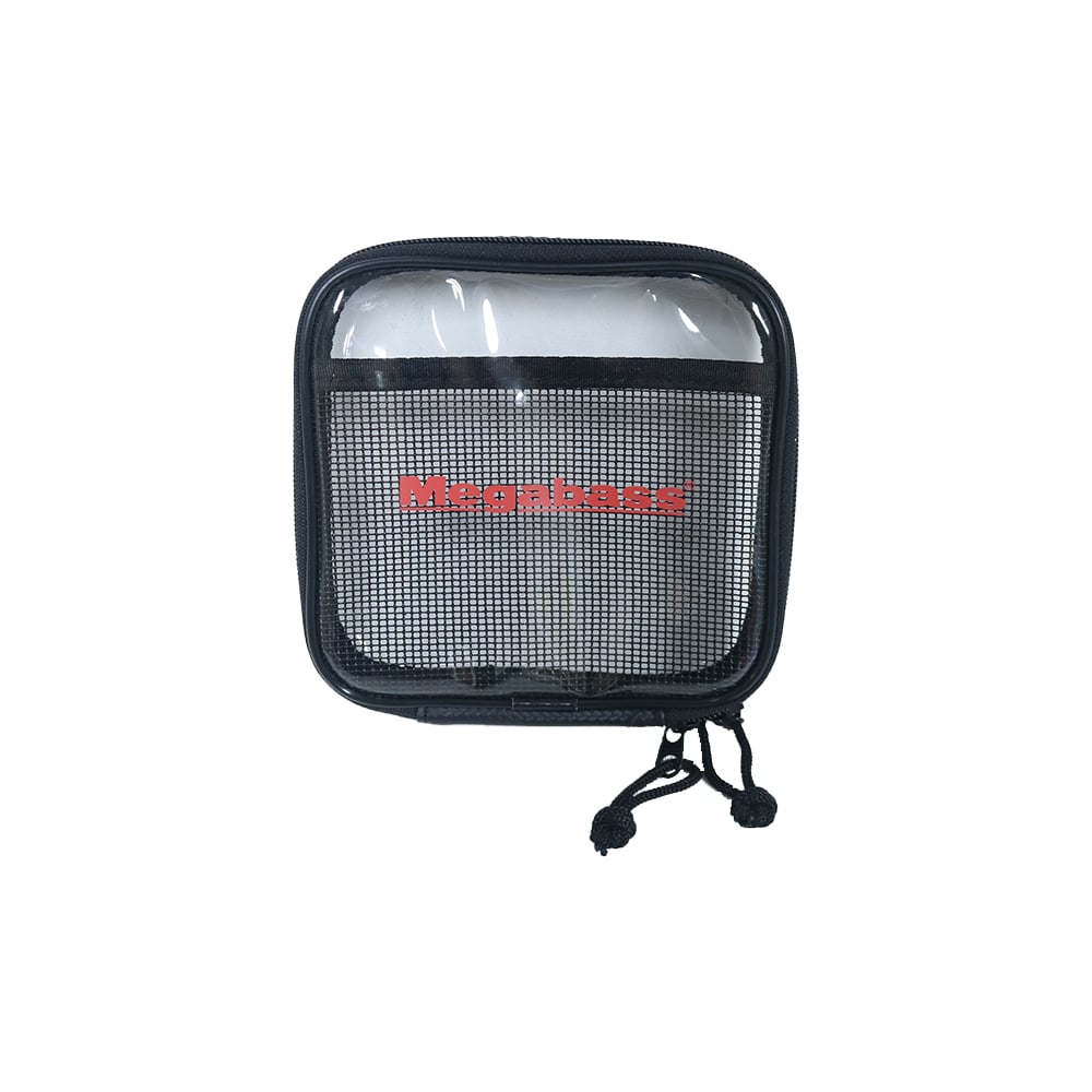 A square black Megabass Clear Pouch small item organizer features a clear top section, mesh front with "Megabass" in red text, and two corded zipper pulls. The pouch is photographed against a white background.