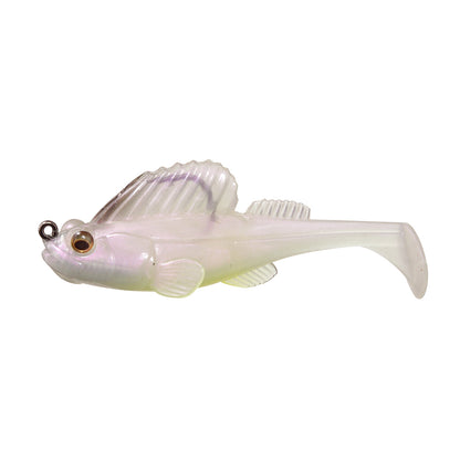 The Megabass Dark Sleeper Swimbait is a white, fish-shaped lure with a large dorsal fin, lifelike eye, and metal attachment loop, featuring paddle-tail action ideal for bottom-bouncing swimbait techniques.