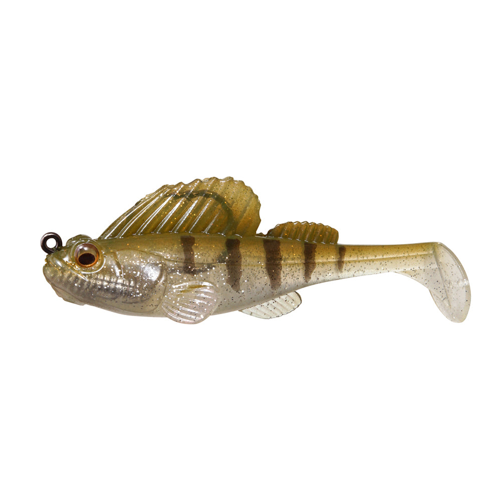 The Megabass Dark Sleeper Swimbait by Megabass is a realistic, soft plastic lure shaped like a small fish, featuring paddle-tail action, vertical dark stripes, translucent fins, and a metal hook for bottom-bouncing swimbait fishing.