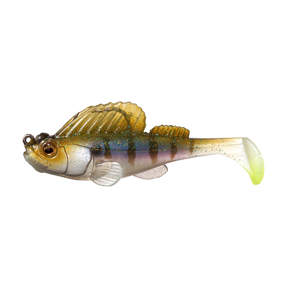 The Megabass Dark Sleeper Swimbait by Megabass is a soft plastic, bottom-bouncing lure with a segmented body, dorsal fin, translucent gold-silver color, and subtle glitter for lifelike paddle-tail action.