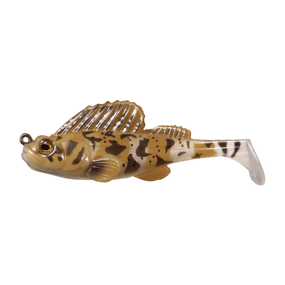 The Megabass Dark Sleeper Swimbait by Megabass is a brown and tan lure with paddle-tail action, a large dorsal fin, lifelike scales, and a metal loop near its mouth—realistically designed to mimic small fish.