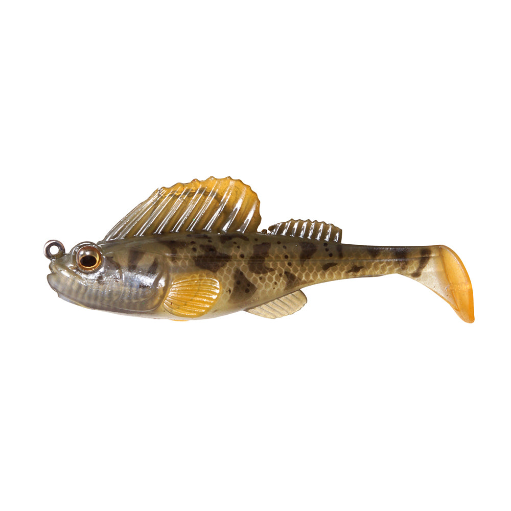 The Megabass Dark Sleeper Swimbait by Megabass is a realistic, soft plastic lure with paddle-tail action, detailed fins, a spotted brown and yellow body, and two hooks near its head, designed to mimic small fish.