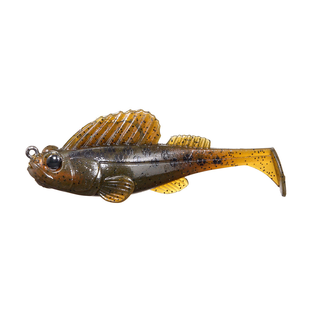 The Megabass Dark Sleeper Swimbait by Megabass is a soft plastic, lifelike bait with a brown and orange body speckled with black dots and a metal loop on its head for easy fishing line attachment.