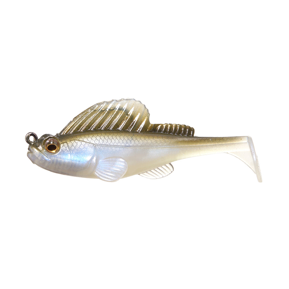 The Megabass Dark Sleeper Swimbait by Megabass is a soft plastic lure shaped like a small fish, with a silver-white body, translucent fins, metallic sheen, paddle-tail action, and a hook attachment near the mouth.