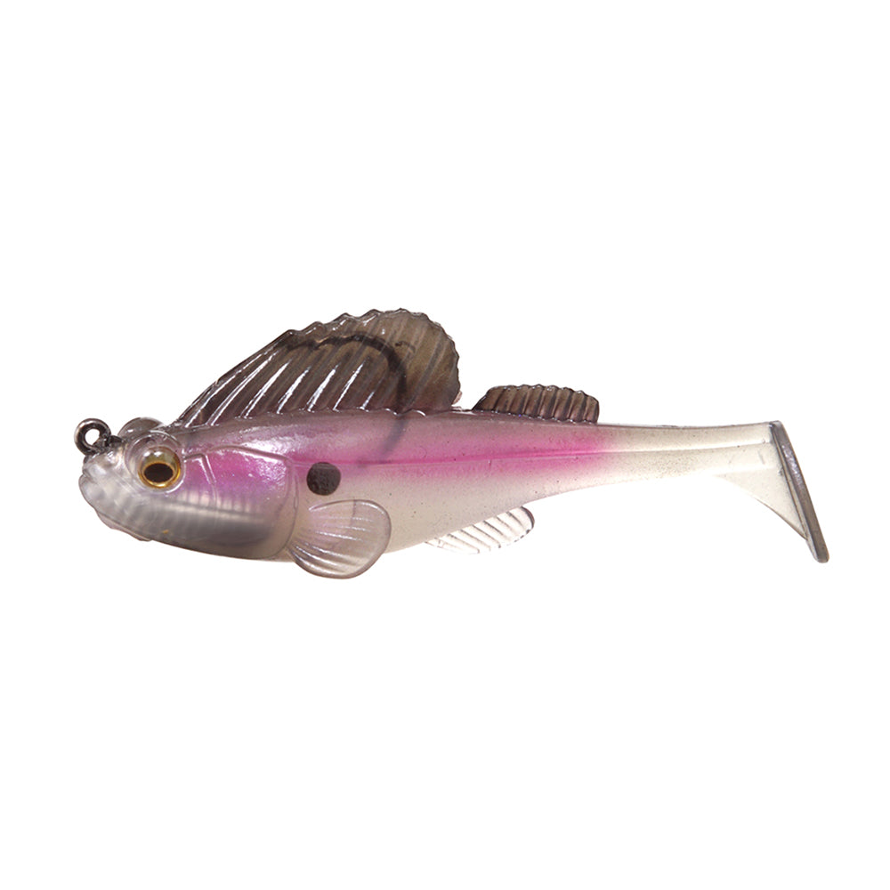 The Megabass Dark Sleeper Swimbait by Megabass is a soft plastic bait shaped like a small fish, with a clear body in pink and white, detailed fins and eye, and a realistic paddle-tail swimming action.