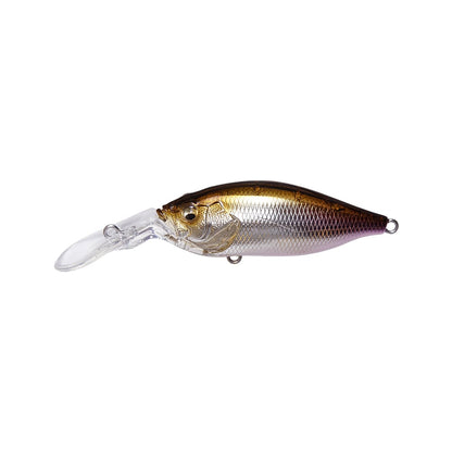 The Megabass Deep-X 100 LBO Crankbaits are realistic fish-shaped lures featuring a silver and gold body with a transparent bill, textured scales, and streamlined shape. Enhanced by the LBO II system, they're ideal for freshwater and saltwater fishing.