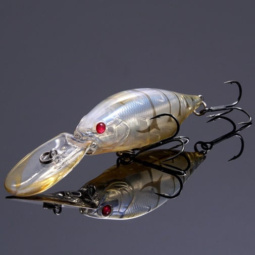 The Megabass Deep-X 200 LBO Crankbait (SP-C) Redeye Glass Shrimp features a translucent, fish-like body with a red eye, two treble hooks, and a flat oval bill, showcasing the advanced LBO II balancer system for enhanced action.