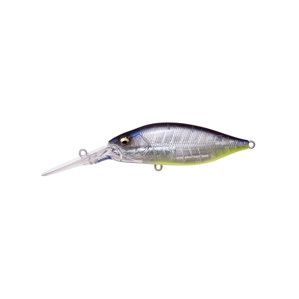 The Megabass Deep-X 200 LBO Crankbait features a long clear bill, silver-blue back, yellow-green belly, and an advanced LBO II balancer system to realistically mimic small fish.