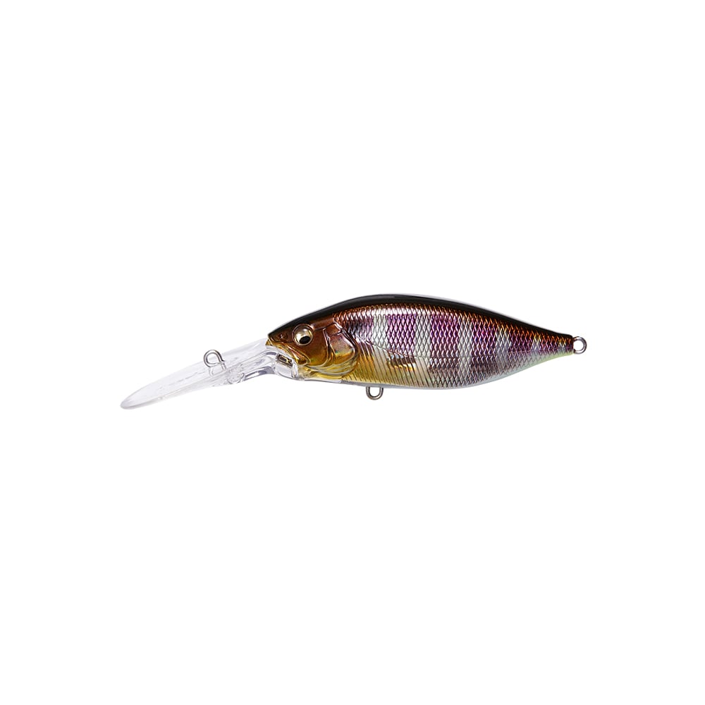 The Megabass Deep-X 200 LBO Crankbait by Megabass is a small fish-shaped lure with a shiny, striped body in brown, purple, and silver shades, a clear elongated lip for diving, and an LBO II balancer system for better casting and action.