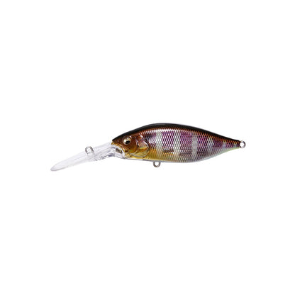 The Megabass Deep-X 200 LBO Crankbait by Megabass is a small fish-shaped lure with a shiny, striped body in brown, purple, and silver shades, a clear elongated lip for diving, and an LBO II balancer system for better casting and action.