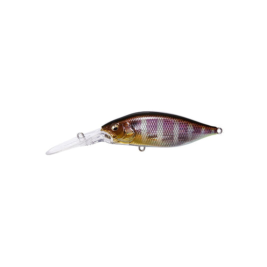 The Megabass Deep-X 200 LBO Crankbait by Megabass is a small fish-shaped lure with a shiny, striped body in brown, purple, and silver shades, a clear elongated lip for diving, and an LBO II balancer system for better casting and action.