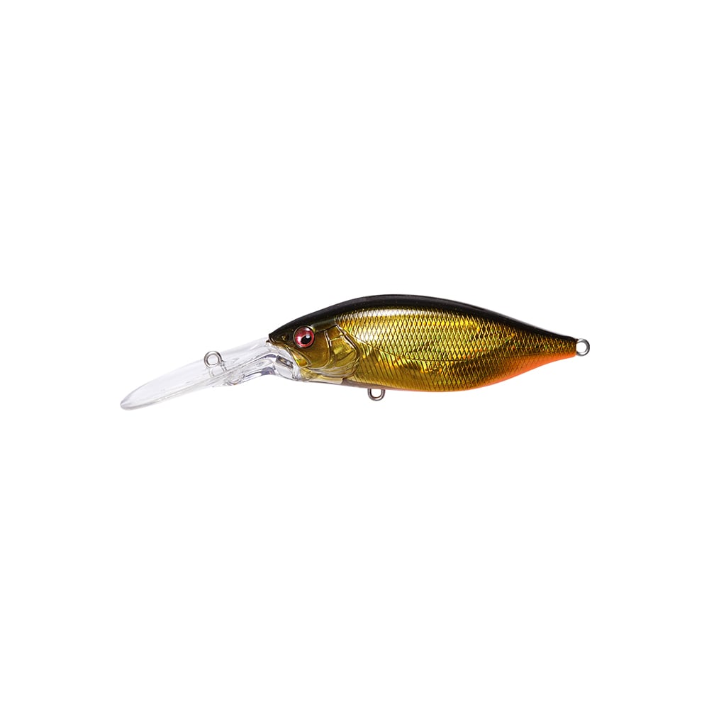 The Megabass Deep-X 200 LBO Crankbait features a gold and black body, red eye, long clear plastic bill, and uses the LBO II balancer system to mimic the look and movement of a small fish.