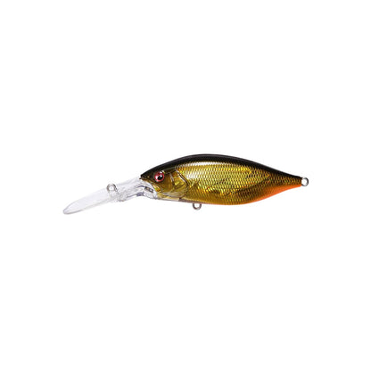 The Megabass Deep-X 200 LBO Crankbait features a gold and black body, red eye, long clear plastic bill, and uses the LBO II balancer system to mimic the look and movement of a small fish.