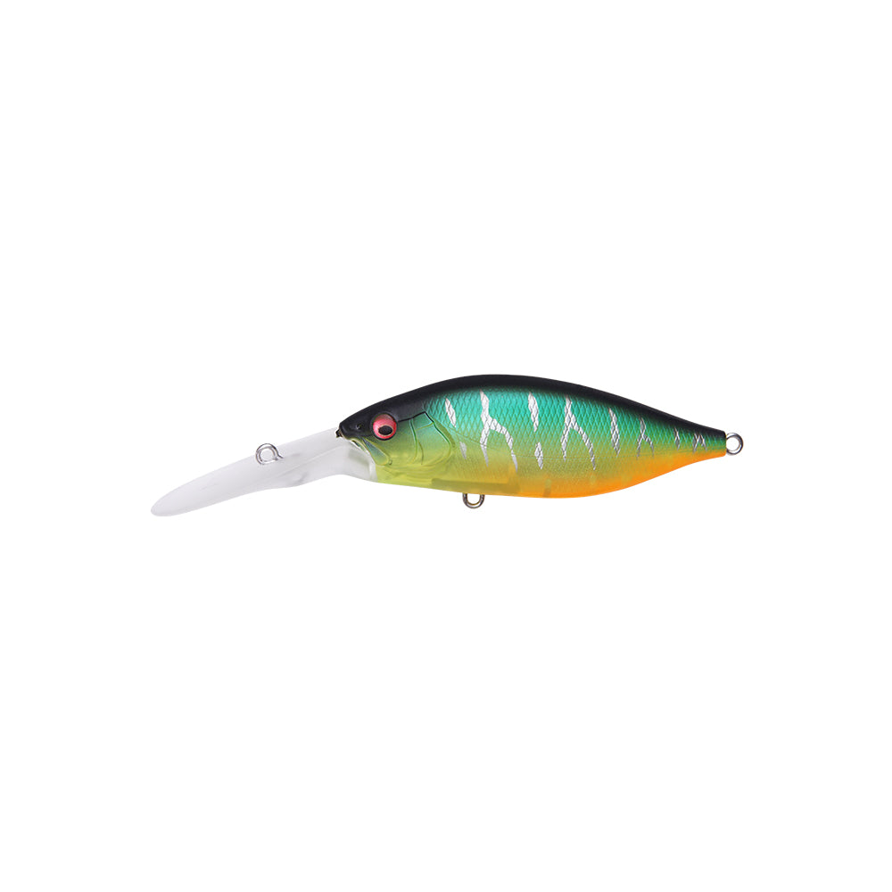 The Megabass Deep-X 200 LBO Crankbait, by Megabass, features a green and black top, orange-yellow underside, scale pattern, red-rimmed eye, and long clear bill with the advanced LBO II balancer system for superior performance.