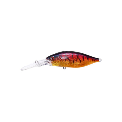 The Megabass Deep-X 200 LBO Crankbait by Megabass features a long, clear lip, a red-to-orange gradient body with black stripes, a realistic fish eye, and an advanced LBO II balancer system, shown isolated on white.
