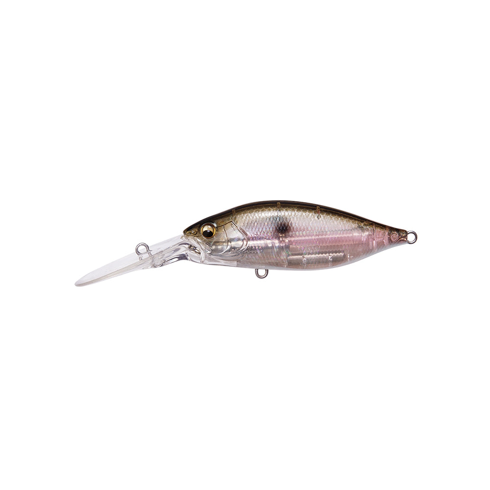 The Megabass Deep-X 200 LBO Crankbait, by Megabass, features a fish-shaped translucent body, metallic finish, painted eyes, a long clear diving lip, attachment rings, and the LBO II balancer system. Shown on a white background.