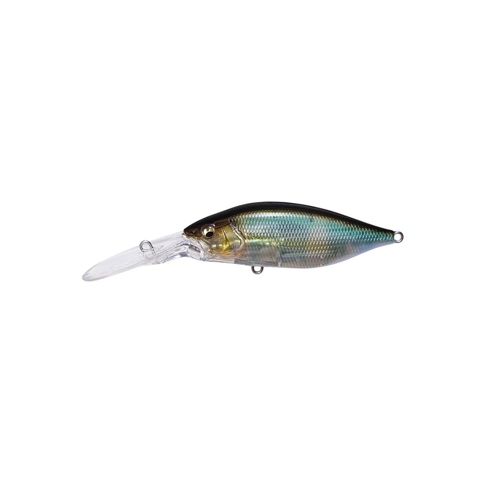 The Megabass Deep-X 200 LBO Crankbait features a metallic blue-green body, yellow head accents, and a long clear bill for deep diving, plus the LBO II balancer system for outstanding casting distance and stability.