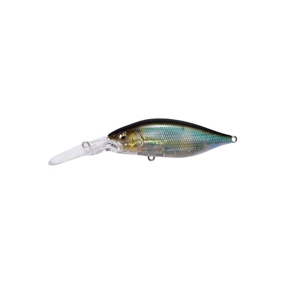 The Megabass Deep-X 200 LBO Crankbait features a metallic blue-green body, yellow head accents, and a long clear bill for deep diving, plus the LBO II balancer system for outstanding casting distance and stability.