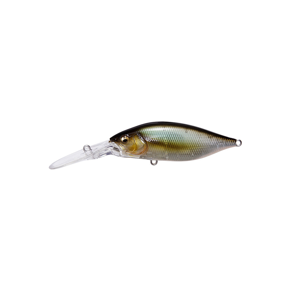 The Megabass Deep-X 200 LBO Crankbait, by Megabass, features a lifelike fish shape, long clear lip, metallic green/brown back, silver sides, white belly, and the advanced LBO II balancer system to mimic baitfish.