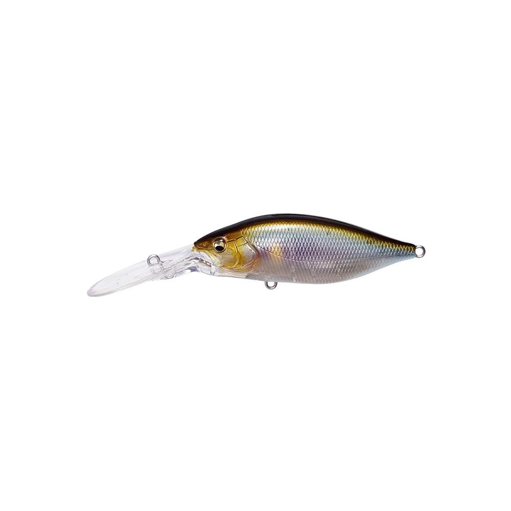 The Megabass Deep-X 200 LBO Crankbait by Megabass features a realistic fish shape, metallic body, dark back, silver sides, and a long clear plastic diving lip with the Moving Balancer System, shown on a white background.