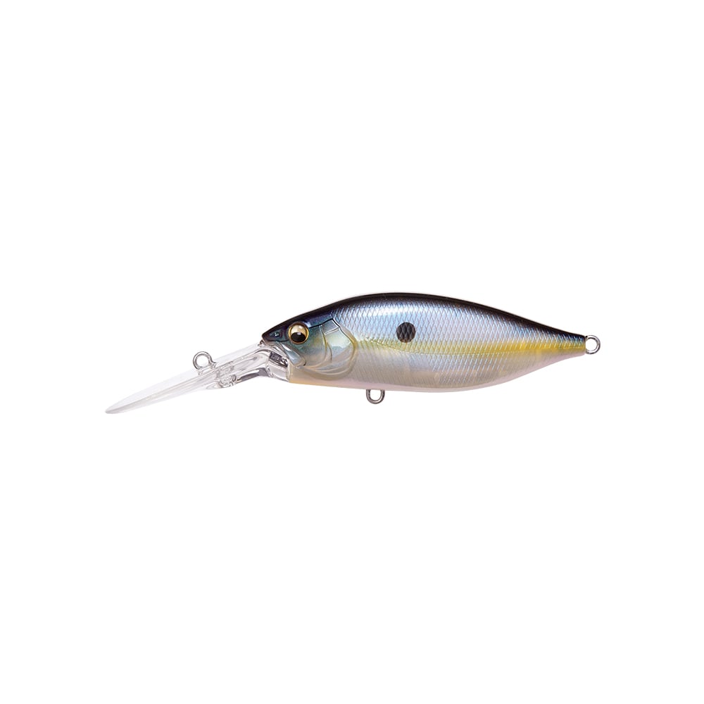 The Megabass Deep-X 200 LBO Crankbait features a blue-gray top, silver sides, yellow highlights, a black head spot, and a long clear diving lip with the Moving Balancer System for lifelike action. Brand: Megabass.