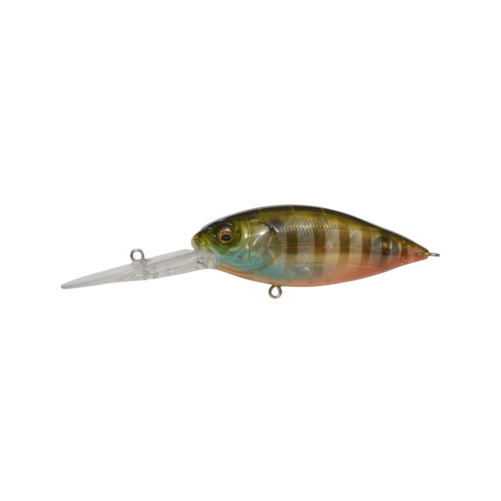 The Megabass Deep-X 300 Crankbait, by Megabass, features a green and yellow striped body with an orange underside and a long transparent lip—viewed from the side on a white background—perfect for offshore ledge fishing.