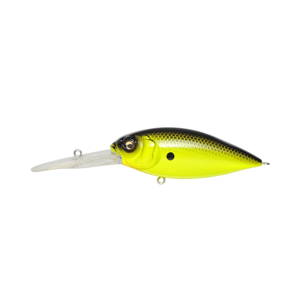 The Megabass Deep-X 300 Crankbait features a yellow and black fish design, large eye, and long clear lip for deep dives—ideal for offshore ledge fishing with top Megabass performance.