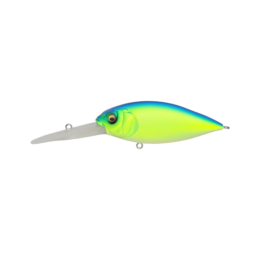 The Megabass Deep-X 300 Crankbait is a brightly colored deep diver with a blue-green body, yellow accents, realistic fish eye, and clear bill—perfect for offshore ledge fishing.