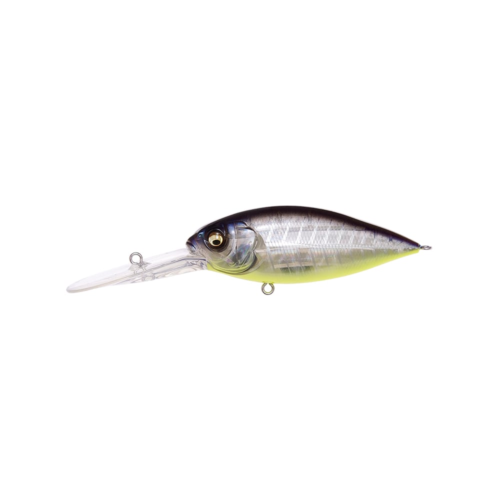 The Megabass Deep-X 300 Crankbait by Megabass features a silver and black body, large eye, and long transparent lip for deep diving—ideal for offshore ledge fishing—displayed on a white background.
